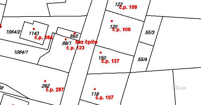 Nučice 137 na parcele st. 150 v KÚ Nučice u Rudné, Katastrální mapa