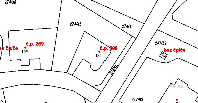 Tuchoměřice 288 na parcele st. 125 v KÚ Kněžívka, Katastrální mapa