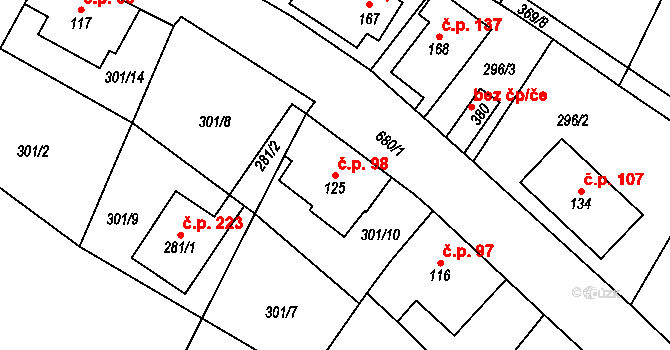 Velký Dřevíč 98, Hronov na parcele st. 125 v KÚ Velký Dřevíč, Katastrální mapa