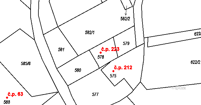 Olomučany 223 na parcele st. 578 v KÚ Olomučany, Katastrální mapa