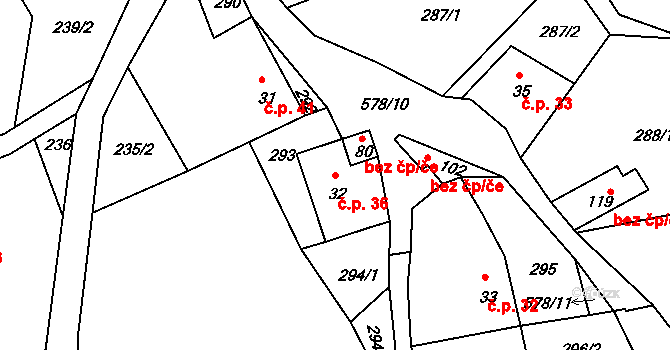 Hněvkov 36, Zábřeh na parcele st. 32 v KÚ Hněvkov, Katastrální mapa