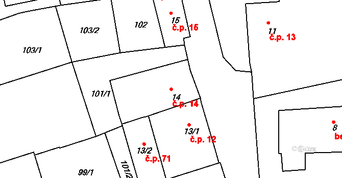Merklín 14 na parcele st. 14 v KÚ Merklín u Přeštic, Katastrální mapa