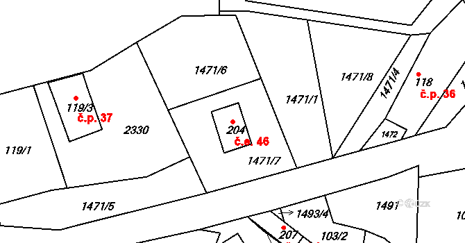 Moravany 38, Řehlovice na parcele st. 204 v KÚ Moravany u Dubic, Katastrální mapa