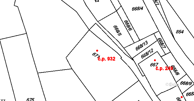 Klobouky u Brna 932 na parcele st. 671 v KÚ Klobouky u Brna, Katastrální mapa