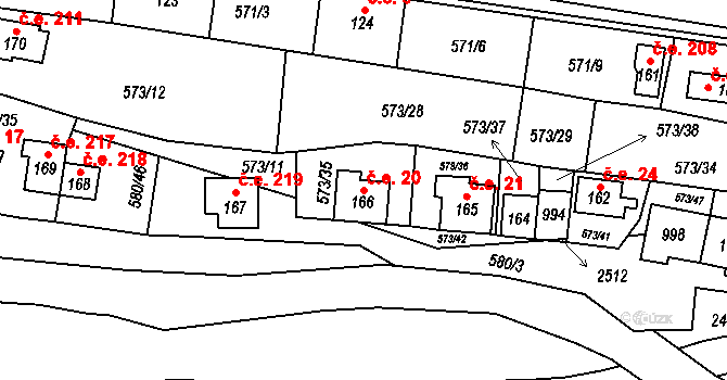 Čunín 20, Konice na parcele st. 166 v KÚ Čunín, Katastrální mapa