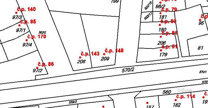 Hrubčice 148 na parcele st. 209 v KÚ Hrubčice, Katastrální mapa