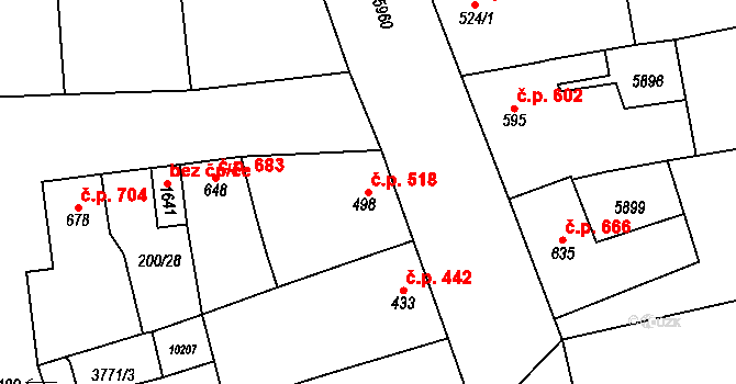 Hrušovany nad Jevišovkou 518 na parcele st. 498 v KÚ Hrušovany nad Jevišovkou, Katastrální mapa