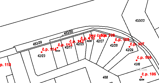 Dobšice 111 na parcele st. 42/25 v KÚ Dobšice u Žehuně, Katastrální mapa