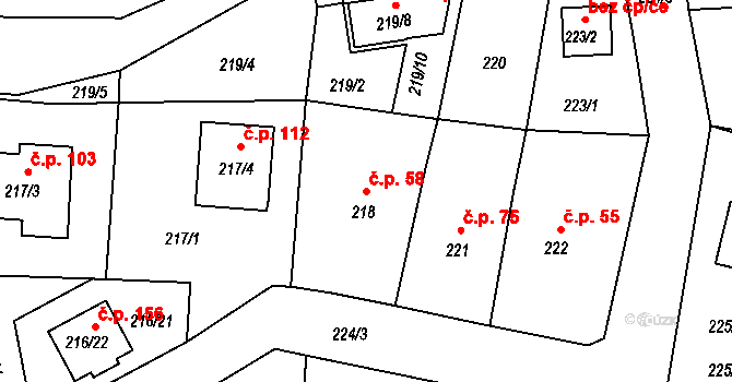 Všeborovice 58, Dalovice na parcele st. 218 v KÚ Všeborovice, Katastrální mapa