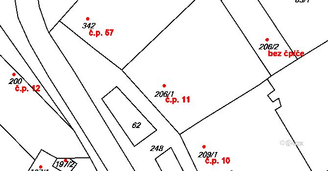 Plešovec 11, Chropyně na parcele st. 206/1 v KÚ Plešovec, Katastrální mapa