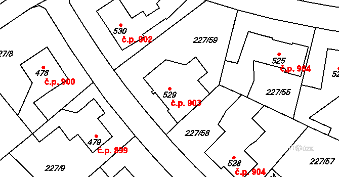 Švermov 903, Kladno na parcele st. 529 v KÚ Hnidousy, Katastrální mapa