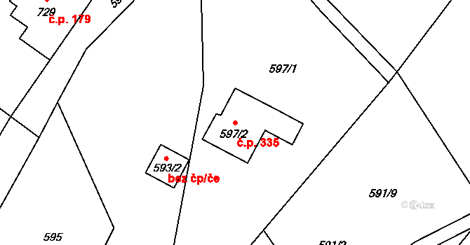 Donín 335, Hrádek nad Nisou na parcele st. 597/2 v KÚ Donín u Hrádku nad Nisou, Katastrální mapa