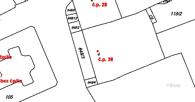 Mukov 38, Hrobčice na parcele st. 4 v KÚ Mukov, Katastrální mapa