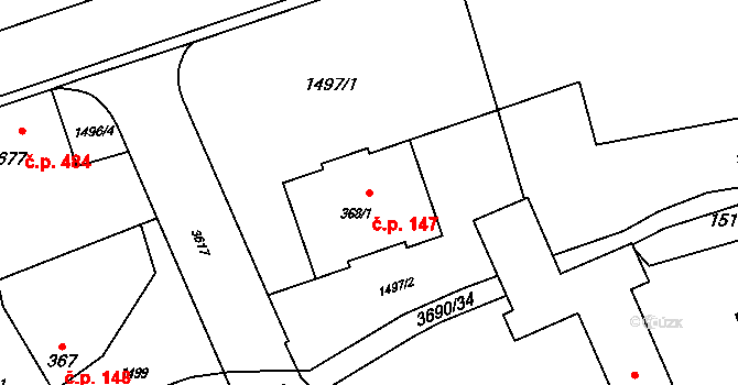 Rožnov pod Radhoštěm 147 na parcele st. 368/1 v KÚ Rožnov pod Radhoštěm, Katastrální mapa