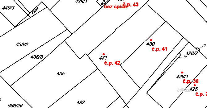 Milovice 42 na parcele st. 431 v KÚ Milovice nad Labem, Katastrální mapa