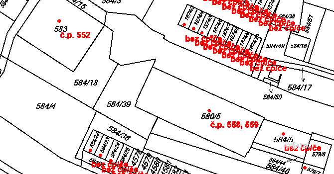 Komín 558,559, Brno na parcele st. 580/5 v KÚ Komín, Katastrální mapa