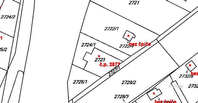 Teplice 2877 na parcele st. 2723 v KÚ Teplice, Katastrální mapa