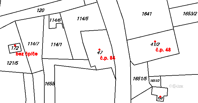 Rešov 84, Horní Město na parcele st. 47 v KÚ Rešov, Katastrální mapa