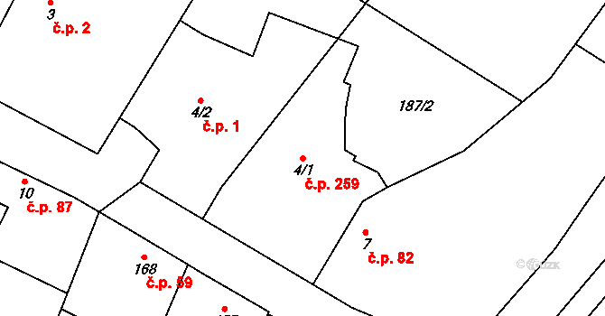 Čečelice 259 na parcele st. 4/1 v KÚ Čečelice, Katastrální mapa