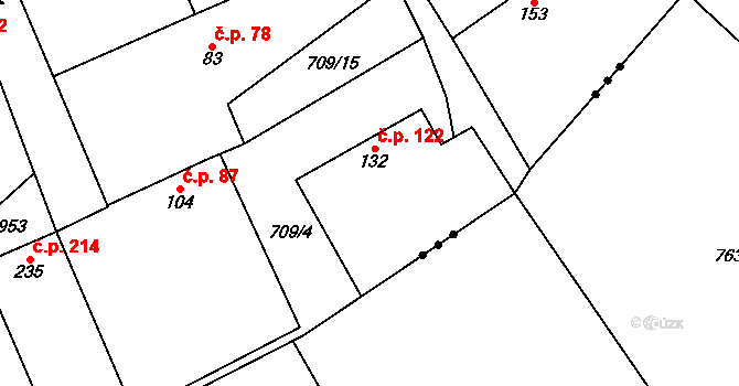 Větrušice 122, Kly na parcele st. 132 v KÚ Kly, Katastrální mapa