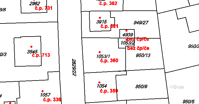 Plzeňské Předměstí 360, Rokycany na parcele st. 1053/1 v KÚ Rokycany, Katastrální mapa