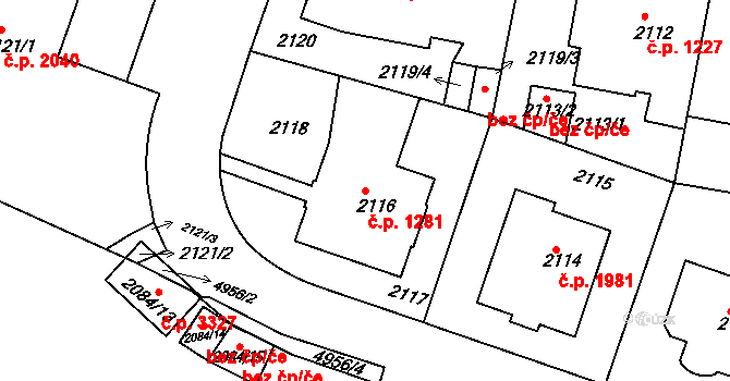Smíchov 1281, Praha na parcele st. 2116 v KÚ Smíchov, Katastrální mapa