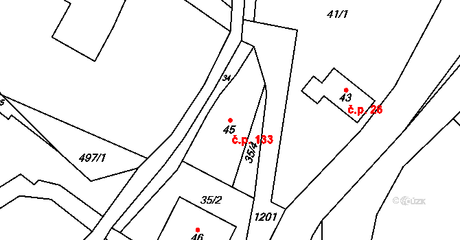 Čistá v Krkonoších 133, Černý Důl na parcele st. 45 v KÚ Čistá v Krkonoších, Katastrální mapa