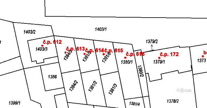 Těšice 615, Mikulčice na parcele st. 1381/6 v KÚ Mikulčice, Katastrální mapa