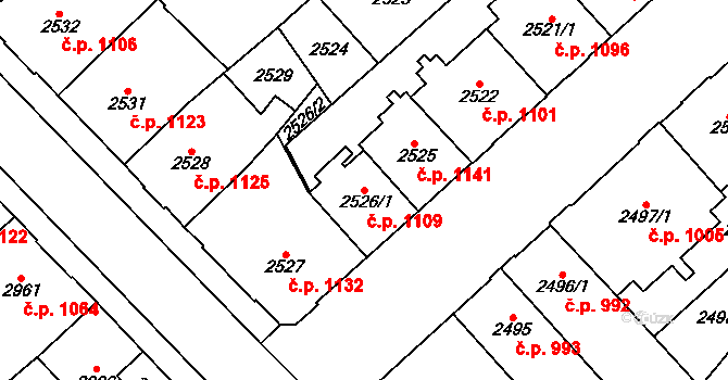 Chomutov 1109 na parcele st. 2526/1 v KÚ Chomutov I, Katastrální mapa