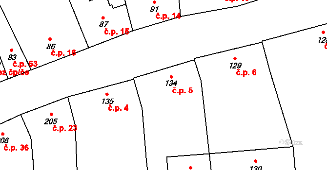 Popovice 5 na parcele st. 134 v KÚ Popovice u Rajhradu, Katastrální mapa
