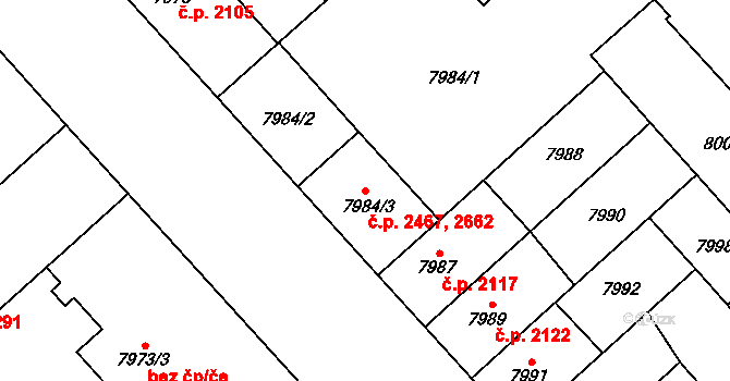 Jižní Předměstí 2467,2662, Plzeň na parcele st. 7984/2 v KÚ Plzeň, Katastrální mapa
