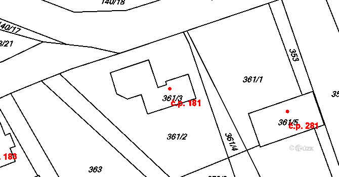 Drahelice 181, Nymburk na parcele st. 361/3 v KÚ Drahelice, Katastrální mapa