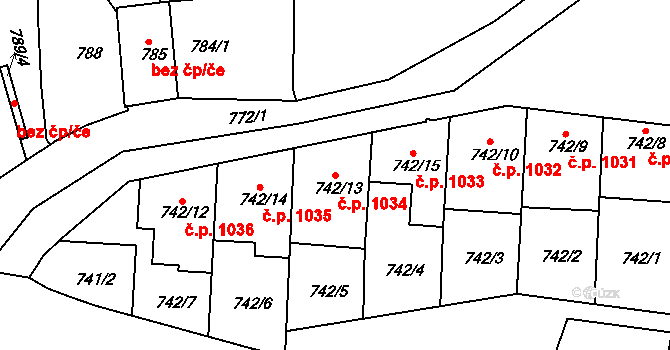 Jemnice 1034 na parcele st. 742/13 v KÚ Jemnice, Katastrální mapa