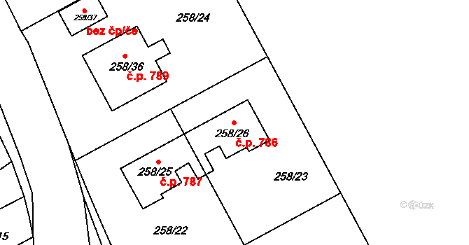 Březce 786, Štěpánov na parcele st. 258/26 v KÚ Březce, Katastrální mapa