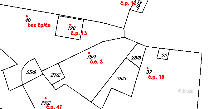 Hradešice 3 na parcele st. 38/1 v KÚ Hradešice, Katastrální mapa