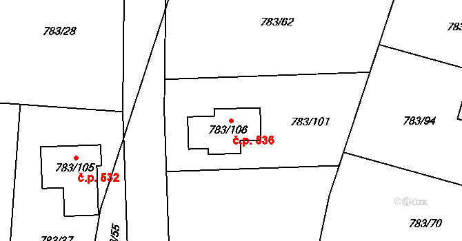 Senec 536, Zruč-Senec na parcele st. 783/106 v KÚ Senec u Plzně, Katastrální mapa