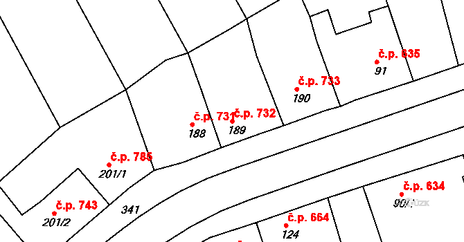 Rudná 732 na parcele st. 189 v KÚ Hořelice, Katastrální mapa