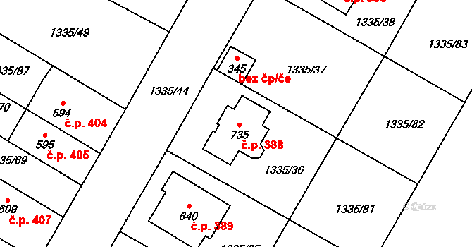 Sedlice 388 na parcele st. 735 v KÚ Sedlice u Blatné, Katastrální mapa