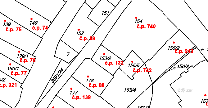 Žirovnice 132 na parcele st. 153/2 v KÚ Žirovnice, Katastrální mapa