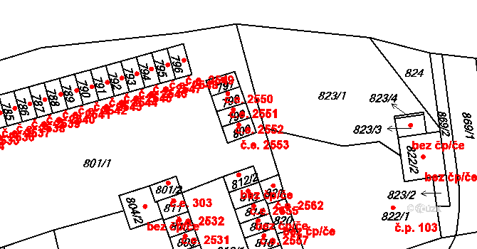 Trmice 2553 na parcele st. 800 v KÚ Trmice, Katastrální mapa