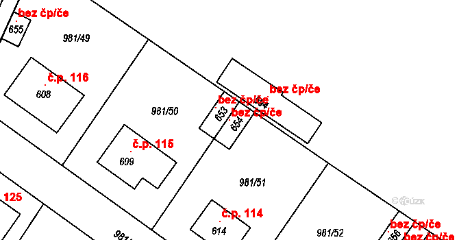 Bělušice 100795595 na parcele st. 654 v KÚ Bělušice, Katastrální mapa