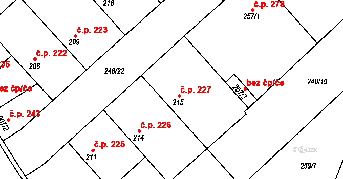 Činěves 227 na parcele st. 215 v KÚ Činěves, Katastrální mapa