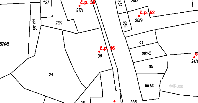 Lazníčky 16 na parcele st. 36 v KÚ Lazníčky, Katastrální mapa