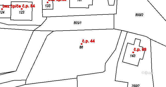 Daleké Dušníky 44 na parcele st. 86/1 v KÚ Daleké Dušníky, Katastrální mapa