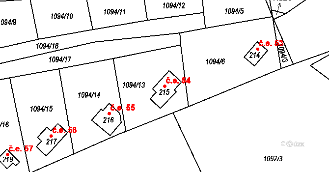 Hybrálec 54 na parcele st. 215 v KÚ Hybrálec, Katastrální mapa