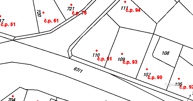 Hřebeč 91 na parcele st. 110 v KÚ Hřebeč, Katastrální mapa