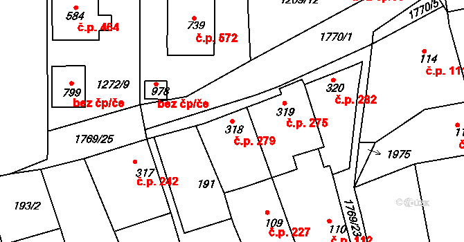 Dolní Bousov 279 na parcele st. 318 v KÚ Dolní Bousov, Katastrální mapa