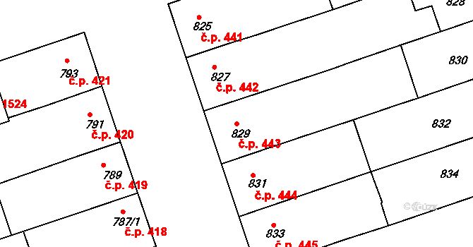 Roudnice nad Labem 443 na parcele st. 829 v KÚ Roudnice nad Labem, Katastrální mapa