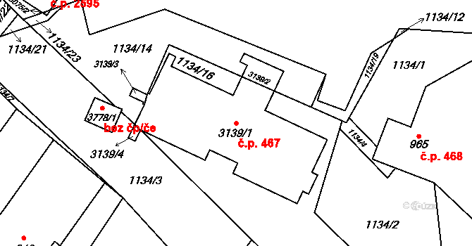 Rožnov pod Radhoštěm 467 na parcele st. 3139/1 v KÚ Rožnov pod Radhoštěm, Katastrální mapa