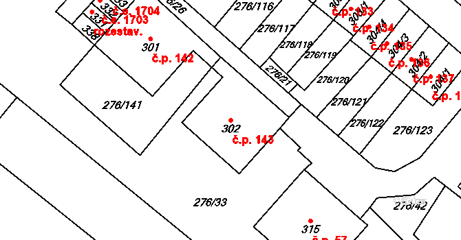 Děčín XXVII-Březiny 143, Děčín na parcele st. 302 v KÚ Březiny u Děčína, Katastrální mapa